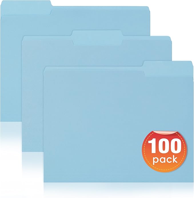 100 Packs File Folders Letter Size, 8.5 x 11 Colored File Folders 1/3 Cut Tab for Easy Labeling, for Home, Office, School Filing
