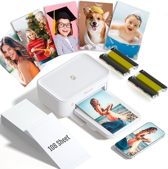 HPRT CP4100 Photo Printer - Portable 4x6 Bluetooth Instant Picture Printer + 108 Sheets & 2 Ribbon, Wi-Fi, Premium Dye Sublimation - 300 DPI Display Resolution - Editing App for Fun, Creative Photos