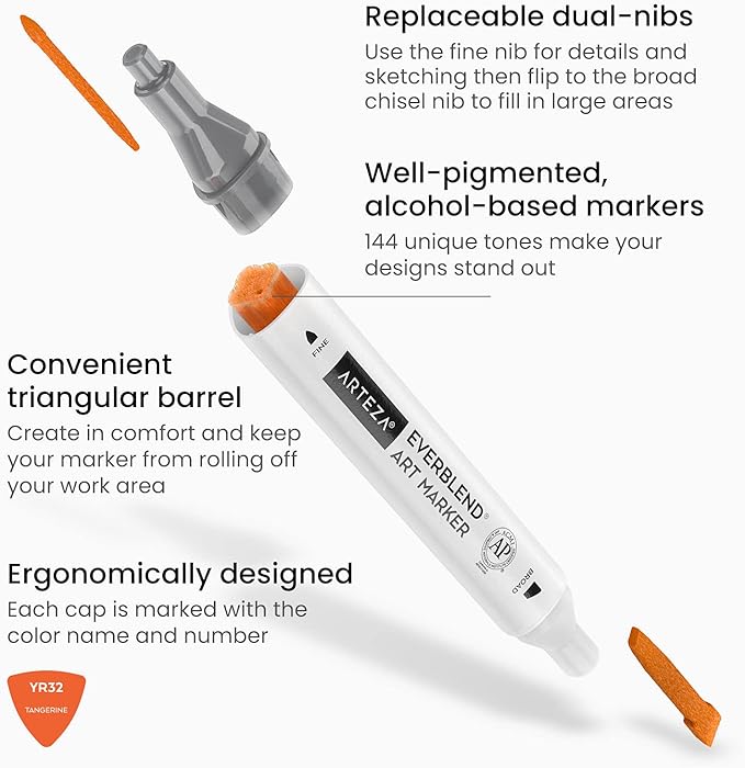 ARTEZA Alcohol Markers – Set of 144 EverBlend Dual Tip Markers with Fine and Chisel Nibs, Organizer Box for Drawing, Coloring and Illustration