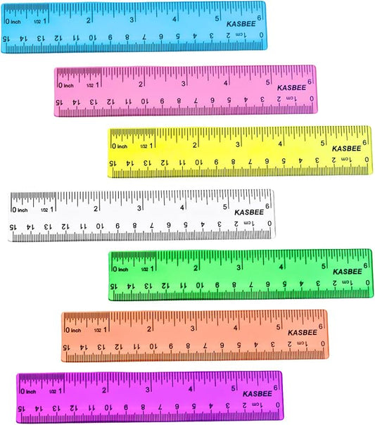 6 Inch Rulers, Colored Clear Rulers, Centimeters and Inches, Plastic Ruler for Kids, School, Home, Office, Pack of 7