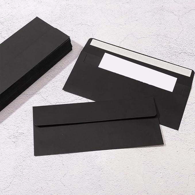 100 Pack Colorful #10 Business Envelopes Self Seal Standard Envelopes for Office Checks, Business, Letter Mailing Invoices, 4.13 x 9.49 Inches (Black)