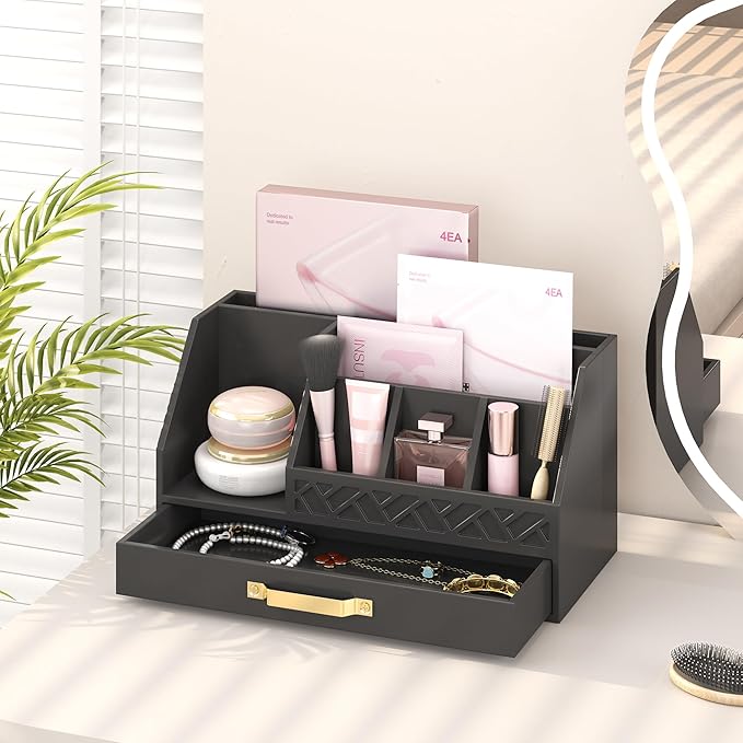 Bamboo Desk Organizer with Drawers, Mail Organizer Countertop Wood Desk Drawer Tabletop Storage Organization Pen Holder Letter Sorter Makeup Organizer for School Home Office (Black)