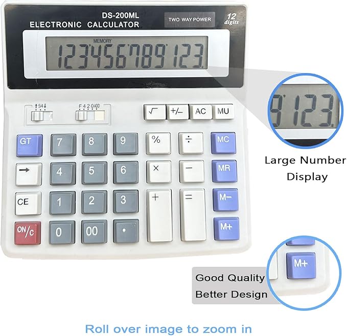 Desk Calculator Large 12 Digit Display, Dual Power Basic Calculator Desktop, Big Button for Office, Business, Home and School (Grey).