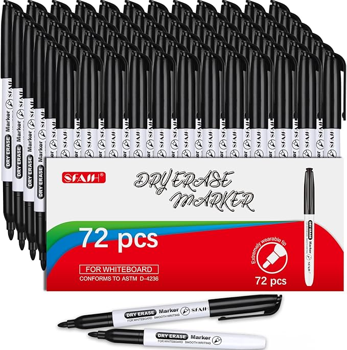 SFAIH Fine Tip Dry Erase Markers, Black, 72 Pack | Bulk Pack for Large Offices, School Classrooms, Training Centers & Institutional Use | Low-Odor Whiteboard Markers