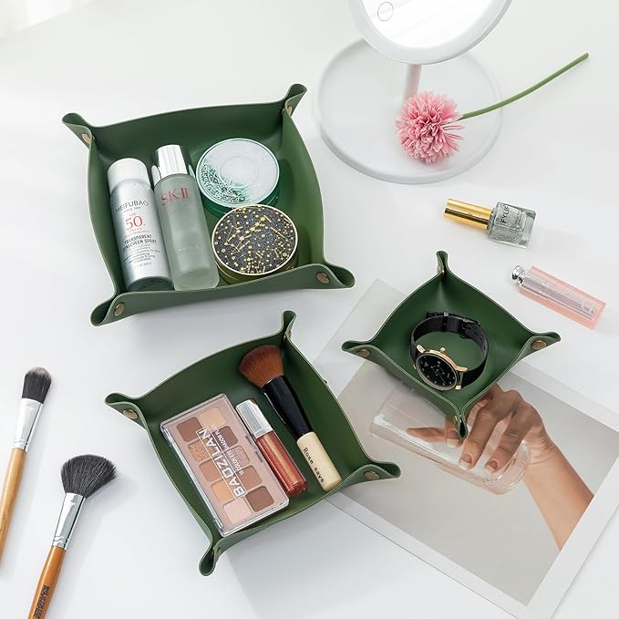 3 packs PU Leather Tray in 3 Sizes Jewelry Tray Glossy Leather Desk Organizer Leather Catchall Tray for Jewelry/Key/Coin/Sun Glasses/Watch/USB Cables etc. (Avocado green)