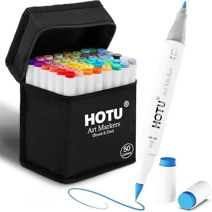 Alcohol Markers Brush Tip - 50 Colors Dual Tip Markers, Brush & Fine Alcohol-based Art Marker Set for Kids Adults Coloring Illustration, Alcohol Sketch Pens with Carrying Case, Non-Bleeding Pad