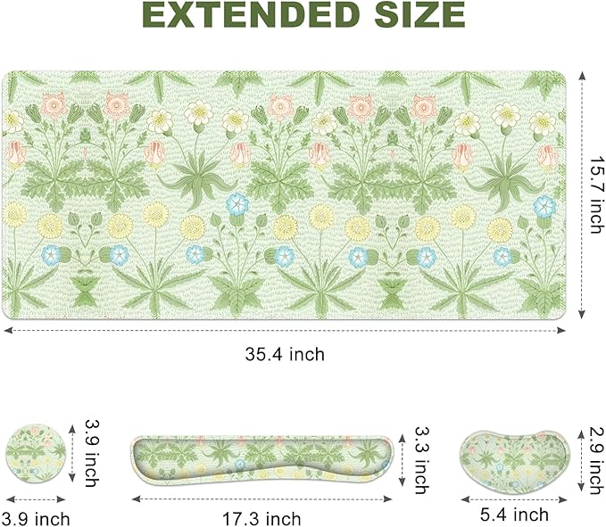 Large Mouse Pad and Keyboard Wrist Rest, Extended Mouse Pad with Wrist Support, Non-Slip Desk Mat, Desk Blotter Protector Pad for Home Office, Green Flowers Plants