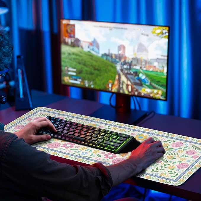 Flower Gaming Mouse Pad Large, Computer Mousepad Desk Mat PinkFloral, Birthday Gifts for Women Men Mushroom Lovers, Non-Slip Large Desk Decor Accessories for Keyboard and Mouse 11.8”x 31.4” XL