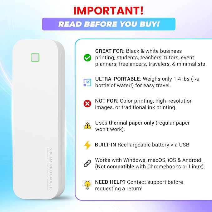 2025 Portable Wireless Inkless Thermal Printer – Bluetooth Mobile Printer for iPhone, Android, Laptop, Tablet for Home and School– 8.5”x11” w/Free Shockproof Case & 3 Rolls Thermal Paper