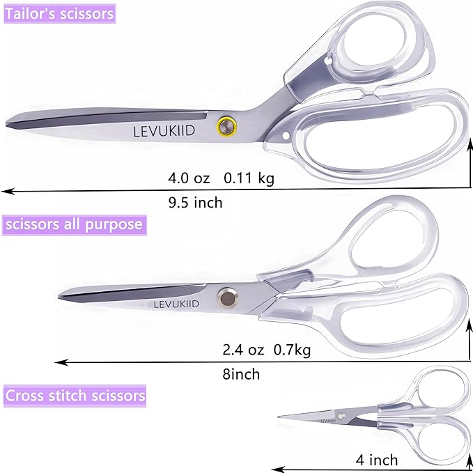All-Purpose Fabric Scissors - 9 Inch All Purpose Scissors for Adults, Clear Handle, Ideal for Fabric Crafts, Tailor's Shears, Crafting & Office & kitchen/Silver ﻿