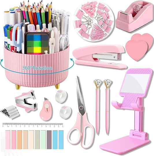Office Supplies,Desk Accessories,with Stapler,Tape Dispenser,Staple Remover,Scissor,Ballpoint Pen,Sticky Notes,Clear Tape,Staples,Desk Organizer,Phone Stand,Binder,Index Tabs,Best gift set(Pink)
