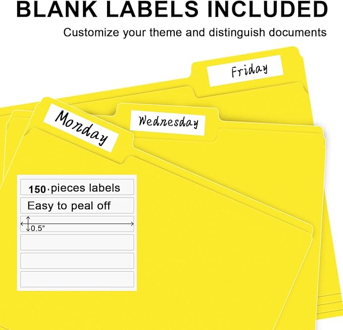 File Folder, RAZCC 150 Pack 1/3 Cut Tab File Folders Letter Size, Yellow, Folders with Tab, Great for Organizing and Easy File Storage