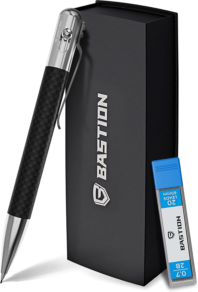 BASTION® Luxury Mechanical Pencil, Professional Medium Point Pencil for Birthday Gift includes 20 x 0.77mm Lead Refills - Carbon Fiber Stainless Steel