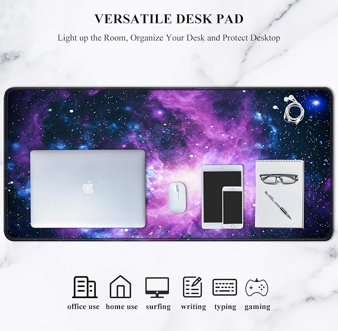 Auhoahsil Large Gaming Mouse Pad, Galaxy Theme XXL 35.4 x 15.7 in Desk Pad Stitched Non-Slip Rubber Long Computer Mousepad Thin Extended Full Size Desk Mat for Desktop, Laptop, Wireless Mice, Purple