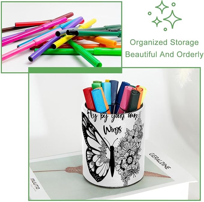 Black and White Butterfly Flowers Pen Holder, PVC Leather Pencil Holder for Desk, Pencil Cup Pot Desk Organizer and Accessories Makeup Brush Holder for Office, School, Home, Art Supply