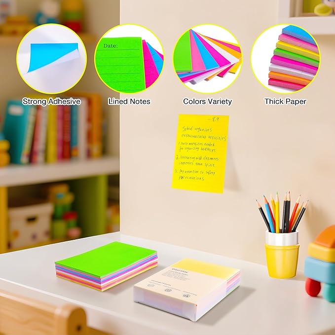 8 Pack Lined Sticky Notes 4x6 in Ruled Stickies Super Sticking Power Memo Pads Bright Colors, 240 Sheets Strong Adhesive Lined Sticky Notes, Eucalyptus & Mint Scented Post it Notes- Teacher Supplies
