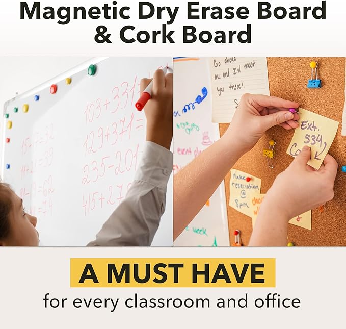 White Board and Cork Board Combo (36x48) Vision Board for 2025 - Half Bulletin Corkboard with Dry Erase Whiteboard Combination for Office or Home, Memo Board