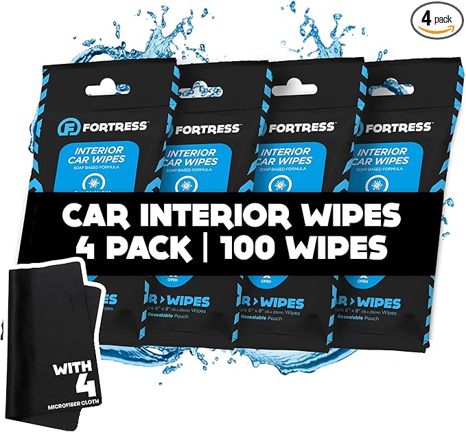 Fortress Car Interior Wipes with Microfiber Cloth (25 ct, Pack of 4) for Car Interior Cleaning, Dashboard, Seats, Detailing, and Steering Wheel [Travel Size] Skin-Safe Car Interior Cleaner Supplies