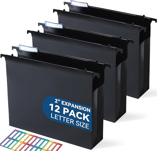 Plastic Extra Capacity Hanging File Folders, 2" Expanding Pocket, Heavy Duty for Filing Cabinet, Insertable 1/5-Cut Tabs, Letter Size - 12 Pack