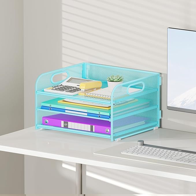 3 Tier Paper Organizer with Handle, Metal Desk Organizer Mesh Paper Letter Tray Desktop File Folder Document Sorter for Classroom, School, Office Accessories Organization and Storage - Blue