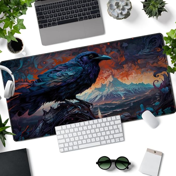 Magic Crow Desk Mat Gaming Misty Fores Mouse Pad Playmat, Large Gaming Mousepad Keyboard Desk Extended Mouse Pads Game Decor with Stitched Eges Non-Slip Base Tabletop for MTG 31.5" x 15.7"