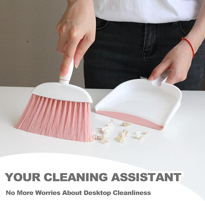 NBGYTECH Mini Broom and Dustpan Set Small Broom with Dustpan Combo Set Portable Cleaning Tools for Home Office RV Learning Camping (White+Pink)