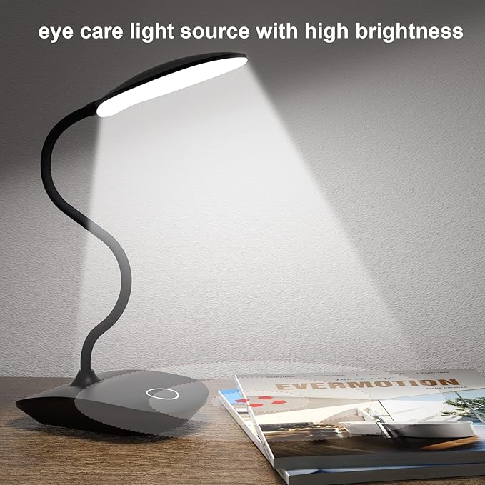 DEEPLITE Battery Operated Desk Lamp, LED Desk Light 3 Lighting Modes Stepless Dimming, Table Lamp 5W Touch Control Eye Caring, Flexible Gooseneck, Portable Reading Light for Dorm Study Office Bedroom