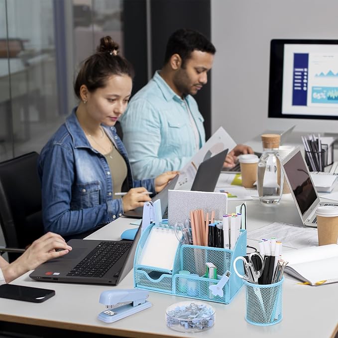 17 in 1 Blue Desk Organizers and Accessories Set, 3 Office Desk Supplies Storage Organization, 4 Pens, Stapler, Staples & Remover, Tape & Dispenser, Scissors, Ruler, Clips, Hole Punch, Back to School