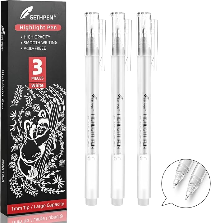 White Gel Pens, 1.0mm Extra Fine Point Gel Ink Pen Set – Opaque Archival Ink Pens for Black Paper Drawing, Bullet Journaling & Artists Drawing, 3 Pack