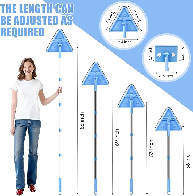 CALBEAU Wall Cleaner Mop with Long Handle 86 Inches, 4-in-1 Ceiling Cleaning Tool Duster with 8 Replacement Microfiber Chenille Pads for Walls, Baseboard, Ceiling, Window, Floor, Cabinet (Light Blue)