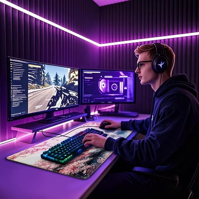 Japanese Cherry Blossom Large Gaming Mouse Pad 31.5"x15.7"｜ Mount Fuji Art XXL Desk Mat, Non-Slip Rubber Base & Stitched Edges - Extended Waterproo Mousepad for PC/Laptop/Office/Home Decor