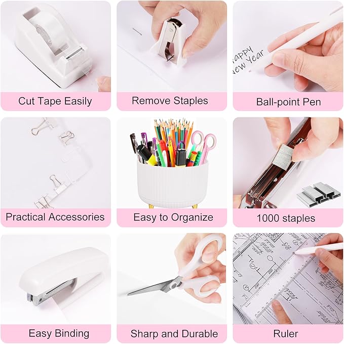 White Desk Organizers and Accessories 10Pcs Set with 360-Degree Rotating Pen Holder, Tape Dispenser, Stapler, Staple Remover, 1000 Staples, Tape, Clips Set, Ruler, Scissor, Pen (White)