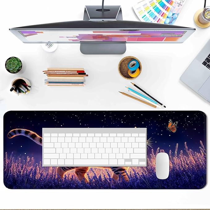 Anime Cute Cat Gaming Desk Pad, Extended Large Fantasy Kawaii Animal Mouse Pad, Computer Keyboard Laptop Mouse Mat for Work, Office and Home, XL