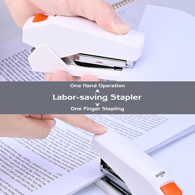 M&G Effortless Stapler with 1000 Staples for Desk, 25 Sheets Capacity Heavy Duty Desktop Staplers, Jam Free, Easy to Load, Ergonomic One Finger Touch Stapler for Office School Supplies (White)