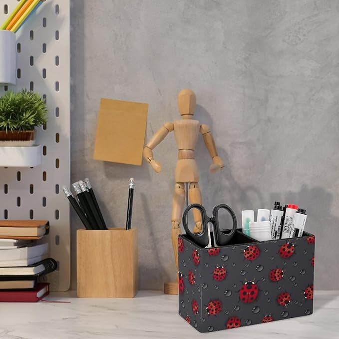 Pen Holder, Pencil Holder for Desk Organizer, Red Ladybugs Waterdrop PU Leather Pencil Cups Desktop Stationery Storage Makeup Brush Holder Pen Organizer for Office Home