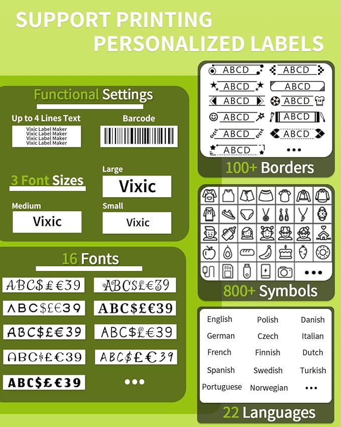 Vixic Label Maker Machine with-Tape, H1100 Handheld Label Maker Portable Labeler with Backlight Screen Keyboard for Home School Office Organization, Multiple Fonts Symbols Borders Easy to Use Inkless