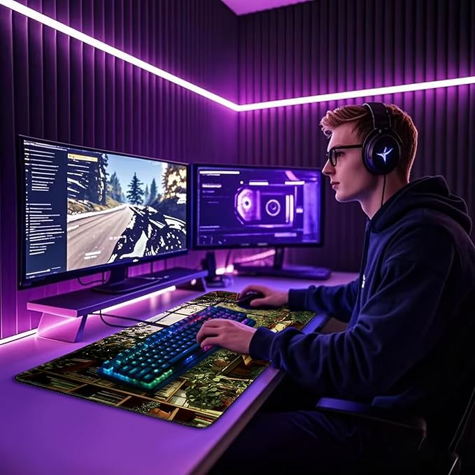 Green Library Study Room Large Gaming Mouse Pad 31.5"x15.7"｜XXL Desk Mat, Non-Slip Rubber Base & Stitched Edges - Extended Waterproof Mousepad for PC/Laptop/Office/Home Decor