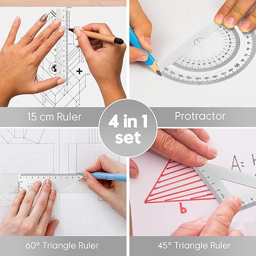 MSDADA Triangle Ruler, Protractor, Square and Ruler Set, 4 Pieces Aluminum Alloy Ruler, Metal Drafting Ruler Kit, Geometric Protractor for Student, School, Home, Office (Silver, 15cm/5.9inch)