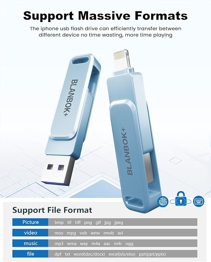 MFi Certified 256GB Flash Drive for iPhone Photo Stick, USB Memory Stick iPhone Flash Drive for Photos Videos, High Speed External Storage USB Stick Thumb Drive for iPhone/iPad/Android/PC(Sky Blue)