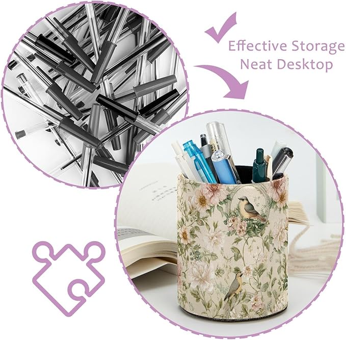 Leather Pen Holder for Desk Trees Leaf Birds Pretty Pencil Cup Desktop Organizer Makeup Brush Holders Office Supplies for Home, Kids & School