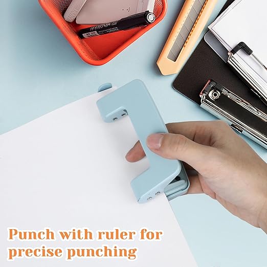 2 Hole Punch 1/4" with Ruler Paper, Blue Two Hole Punch, 2 Holes Puncher for File Folder, Metal Manual Low Force Looseleaf Double Punch Capacity 10 Sheet for A4/A5/B5 for Office and Home