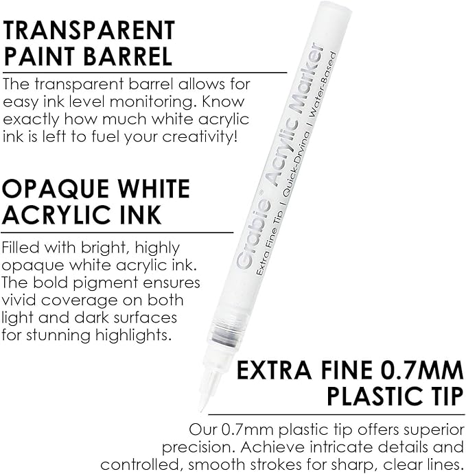 Grabie 6 White Extra Fine Tip Acrylic Paint Marker Set, 6 Pack, 0.7mm Acrylic Paint Pens for Highlights, Highlight Markers (6 White Acrylic Markers)