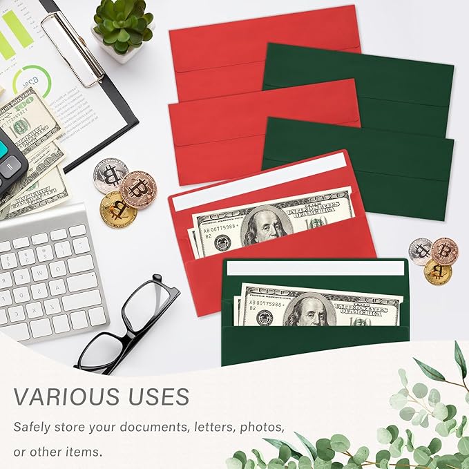 200 Pack #10 Christmas Red and Green Envelopes Letter Size, Business Envelopes Self Seal for Invoices, Letter Mailing, Office Checks, 4 1/8 x 9 1/2 Inches