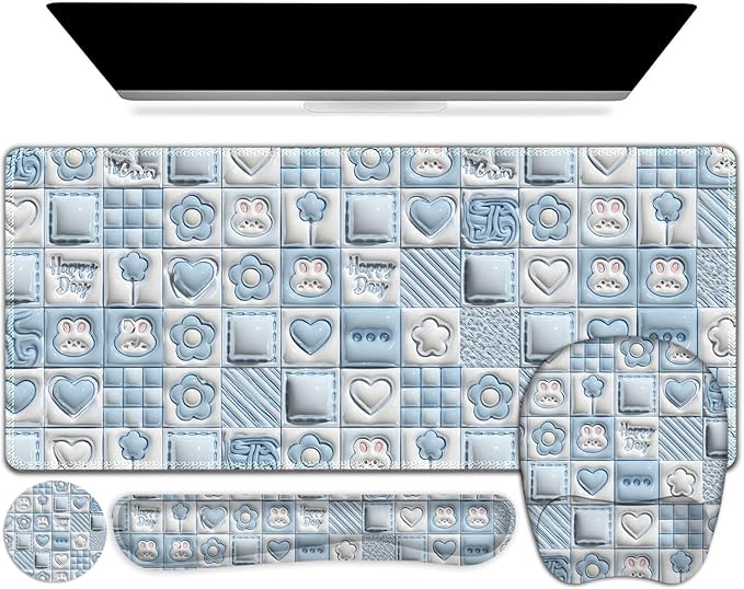4 in 1 Large Mouse Pad, Keyboard Wrist Rest Set, Ergonomic Mouse Pad with Wrist Support, Desk Mat with Stitched Edges Extended Desk Pad Waterproof Desk Mat for Home Office Game I Cute Rabbit Baby Blue