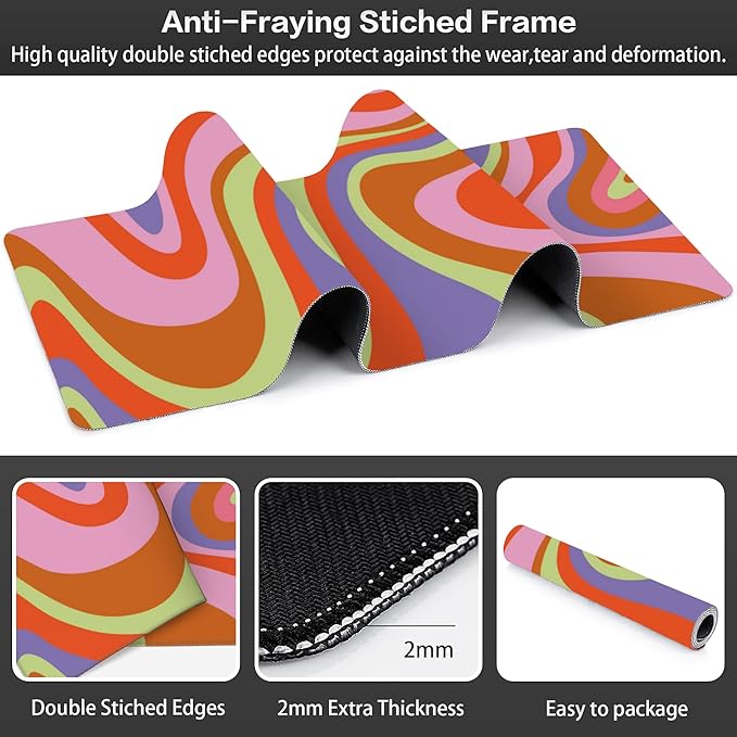 Large Gaming Mouse Pad for Desk, Retro Hippie Colorful Wave Patterns Desk Mat for Desktop, Non-Slip Rubber Base Stitched Edges Long Computer Keyboard Mouse Mat Desk Pad for Home Office 35.4"X15.7"