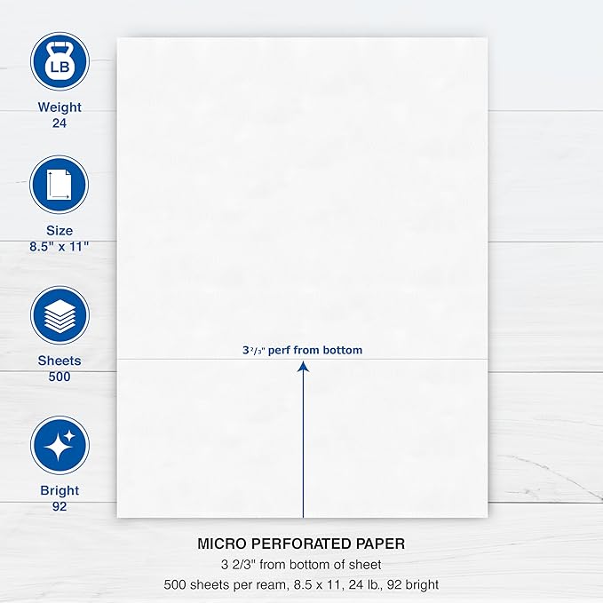 PrintWorks Professional 3 2/3" Horizontal Perforated Paper 8.5” x 11” - Perfect For W-2, 1099, & Statement Use - Made in the USA - 500 Sheets - 20 lb - Printer Compatible - White (04124)
