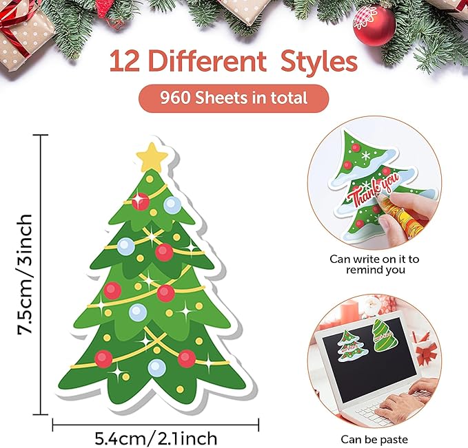 48 PCS Christmas Tree Sticky Note Christmas Note Pads Work Study Notes, 960 Pieces of Christmas Tree Self Adhesive Removable Memo Pads 12 Styles, 20 Sheets Each for Labels