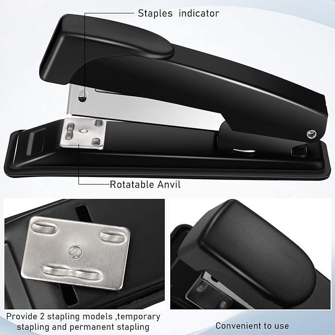 Thenshop 12 Pcs Desk Staplers Tape Dispensers Sets Black Staplers for Desktop Office with Standard Staples Black Holder with White Tape for Office School