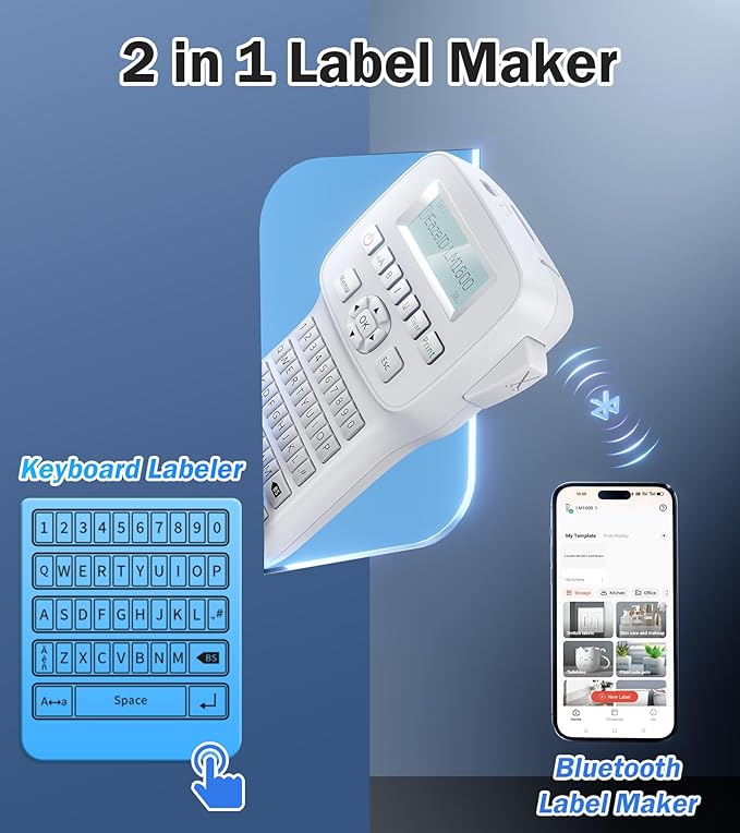 Handheld Label Maker Machine with-Tape Waterproof, Rechargeable Bluetooth Labeler with QWERTY Keyboard, Wire Cable Label Maker with Backlit LCD Screen, Ideal for Home Office School Organization