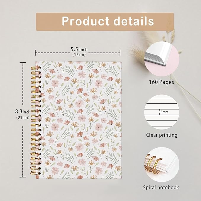 MOFUYU Floral Cute Journal Notebook for Women Girl,Journal Cute,Preppy School Supplies,Floral Hardcover Spiral Notebook A5